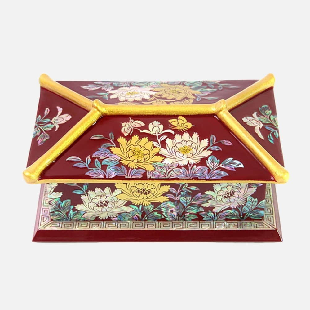 Masterpiece Najeon Gold-Trimmed Peony Roof-Tile Business Card Case Red (Master Artisan Kim Yong-gwan)