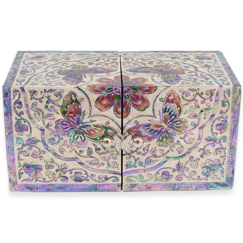 ArabesqueButterfly Double Lidded Mother of Pearl Jewelry Box (Medium, Black)