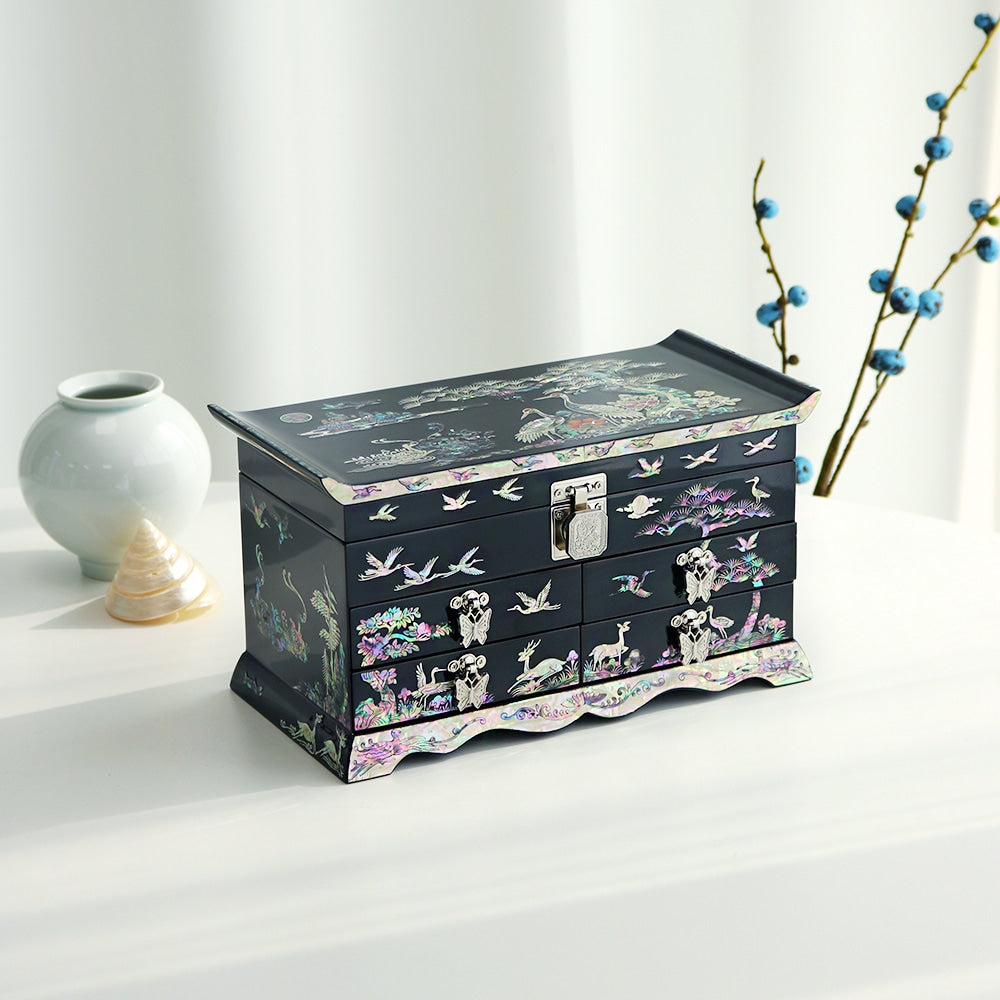 Premium Najeonchilgi Vanity Mirror 4-Tier Pine & Crane Drawer Mother of Pearl Jewelry Box, 25 cm (Master Artisan Hong Seok-pyo)