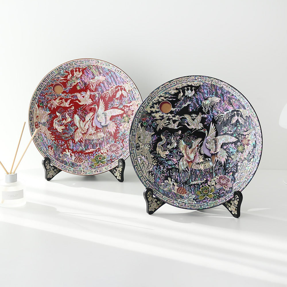 Najeonchilgi Crane Round Ornament Dragon Mother of Pearl Tray, 30 cm