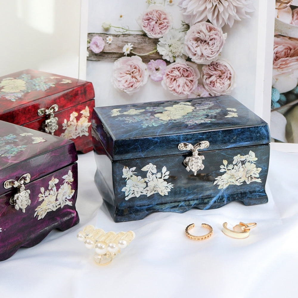 Hanji Rounded Plum & Butterfly Peony Flower Mother of Pearl Jewelry Box Keepsake Ring Box, 15 cm