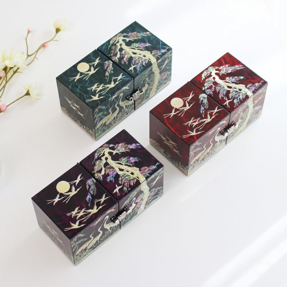 Hanji Mini Mother of Pearl Double-Lidded Small (Pine & Crane) Secret Jewelry Box