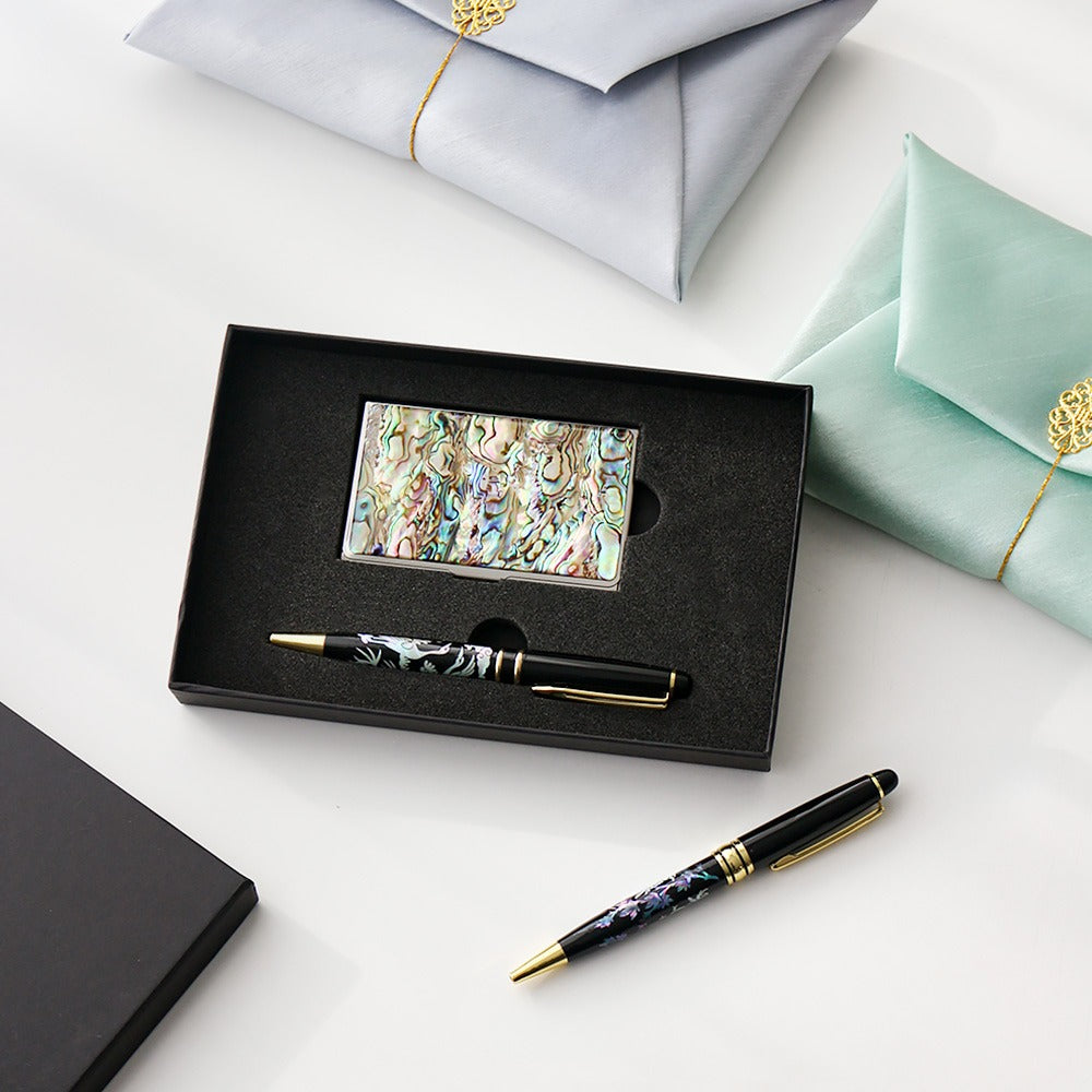 2-Piece Set: Premium Najeon Marbled Pattern Business Card Case Mother of Pearl Pen M