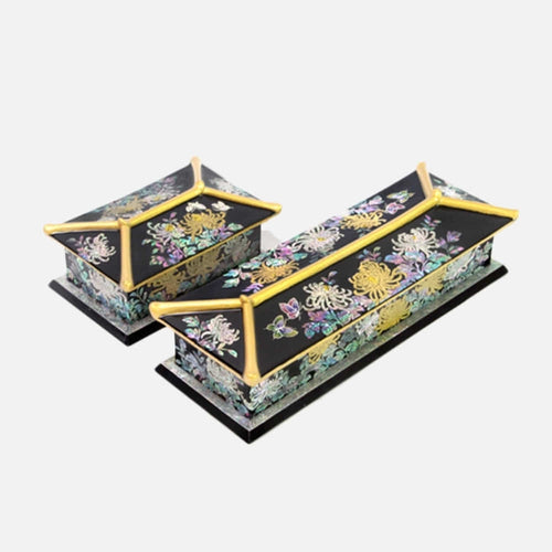 2-Piece Set: Masterpiece Najeon Gold-Trimmed Chrysanthemum Roof-Tile Pen Case Black Business Card Case (Master Artisan Kim Yong-gwan)