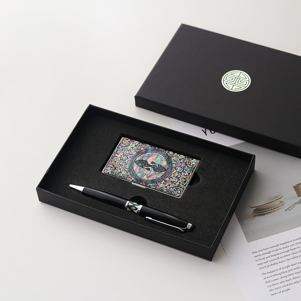 2-Piece Set: Black Mother of Pearl Business Card Case N Gift Mother of Pearl Pen