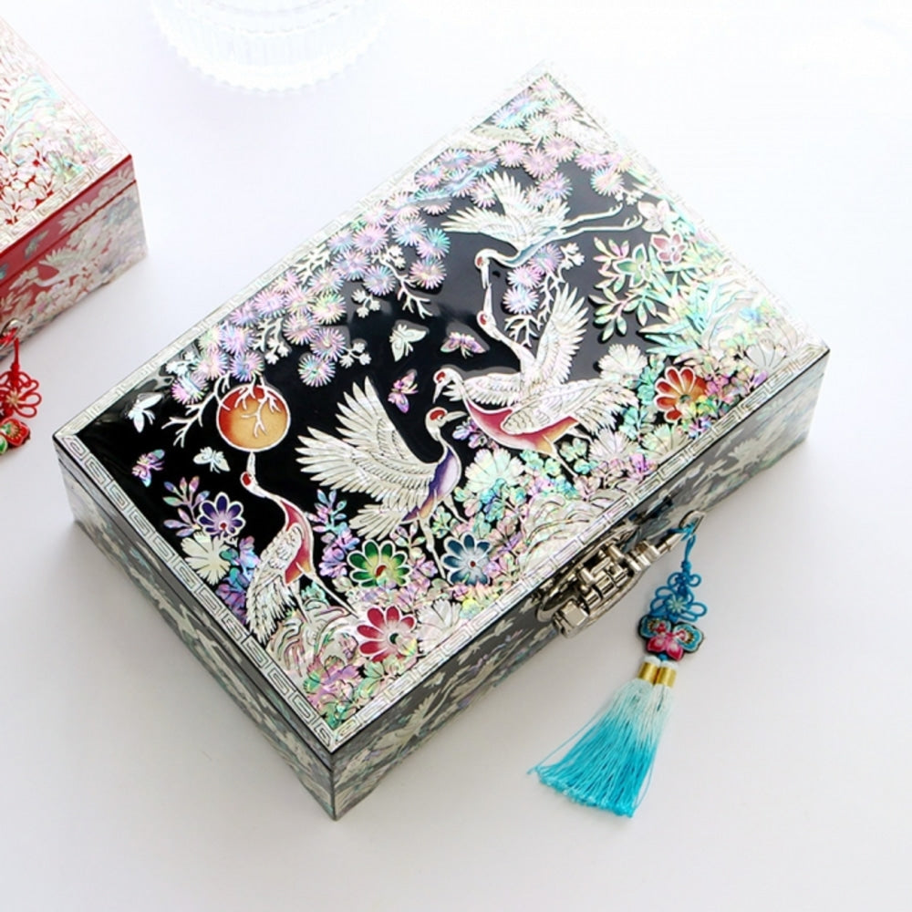 Premium Najeonchilgi Pine & Crane Mother of Pearl Jewelry Box (Black) Jewelry Box Yedan Wedding Gift Box, 24 cm (Master Artisan Jang Tae-bok)