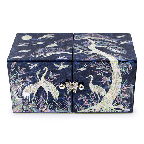 Crane & Pine Hanji Double Lidded Mother of Pearl Jewelry Box (Medium, Glossy, Blue)