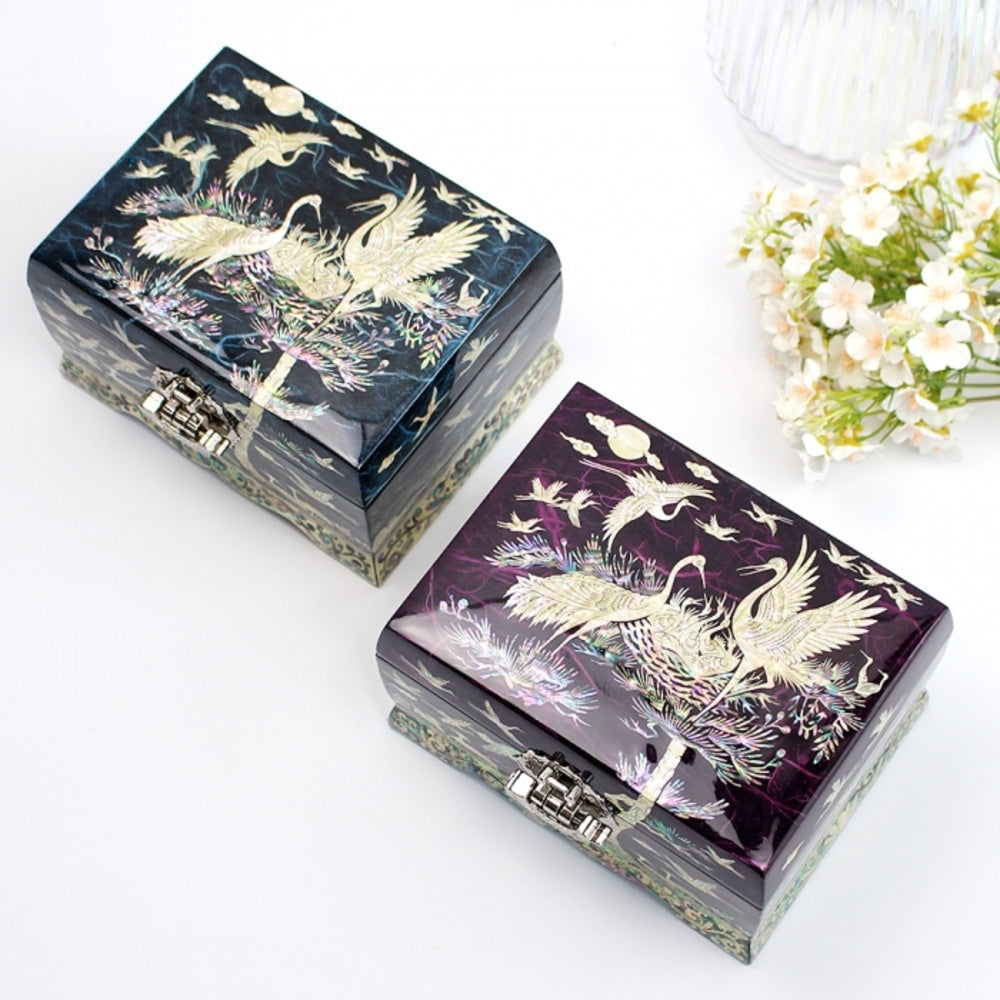 Najeonchilgi Hanji Rounded Pine & Crane Mother of Pearl Jewelry Box, 18 cm