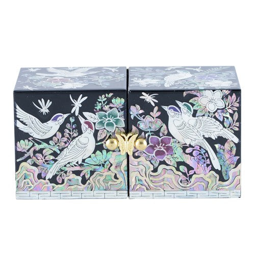 Glossy Plum Blossom Double Lidded Jewelry Box (Black) Small