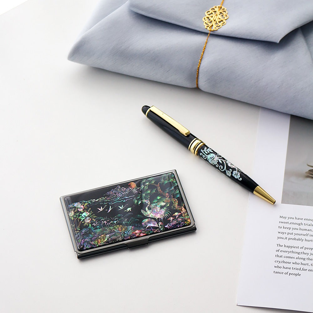 2-Piece Set: Black Mother of Pearl Business Card Case N Mother of Pearl Pen