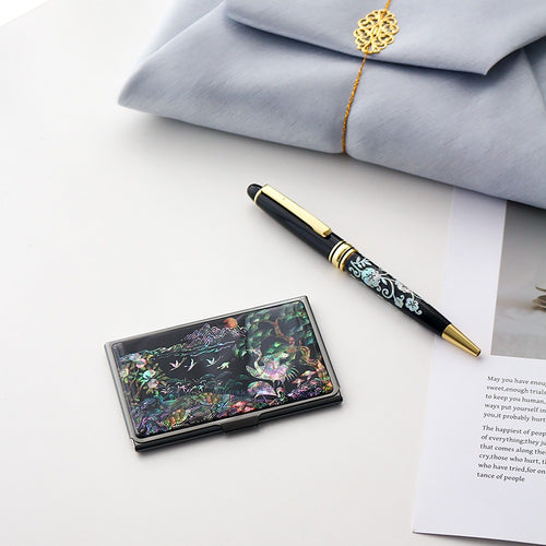2-Piece Set: Black Mother of Pearl Business Card Case N Mother of Pearl Pen