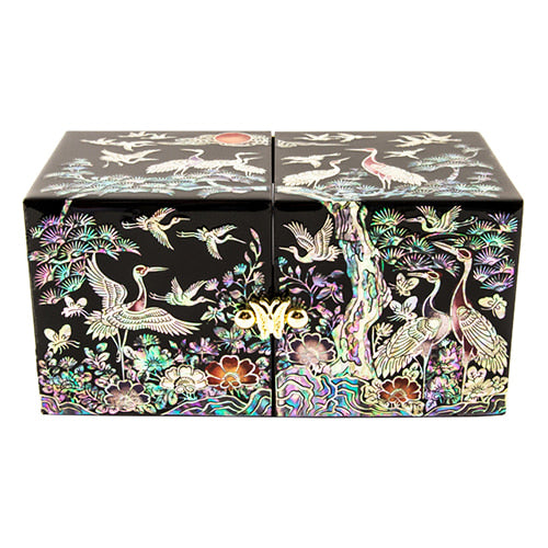 Mother of Pearl Jewelry Box (Double Lidded, Crane & PineA, Medium)