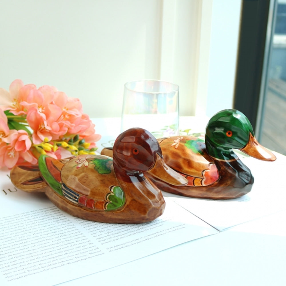 Premium Lotus Mandarin Duck Set (Medium) Wood Carved Box Dragon