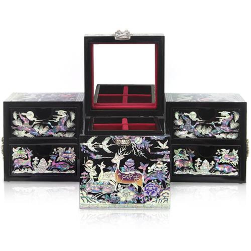 Masterpiece Najeonchilgi Ten Symbols of Longevity Black Double-Lidded Secret Mother of Pearl Jewelry Box (Master Artisan Kim Young-man)