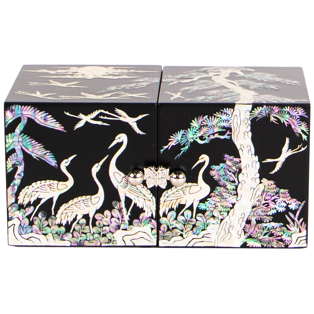 Najeonchilgi Lacquerware Double Lidded Mother of Pearl Jewelry Box Crane & Pine Motif Medium Size
