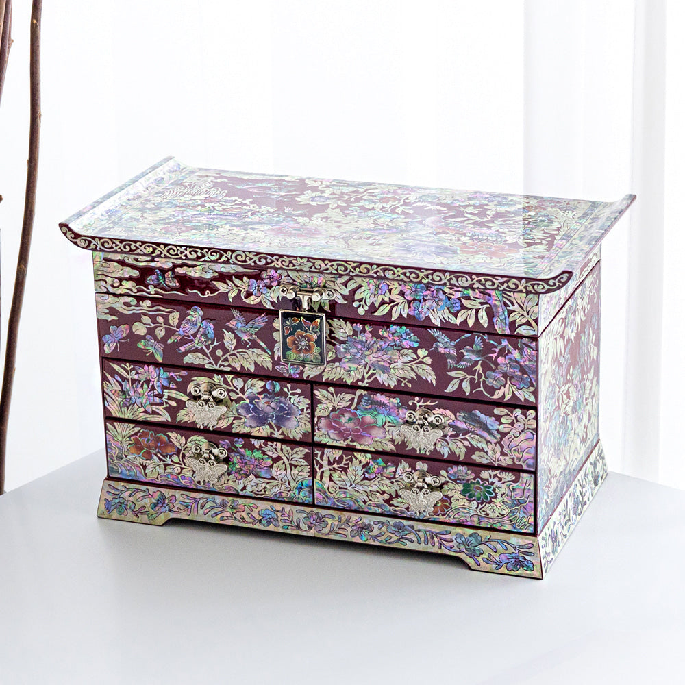 Peony 3-Drawer Mother of Pearl Jewelry Box (Hanji, Purple)