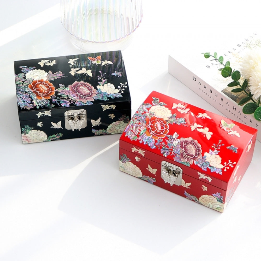Najeonchilgi Peony & Butterfly Rounded Mother of Pearl Jewelry Box, 18 cm