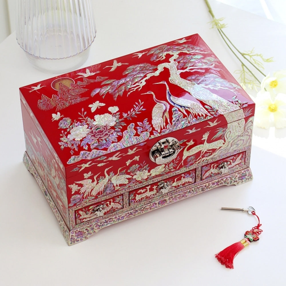 Premium Najeonchilgi Drawer Flower Pine & Crane Saju Jewelry Box Red Jewelry Box Yedan Wedding Gift Box, 32 cm