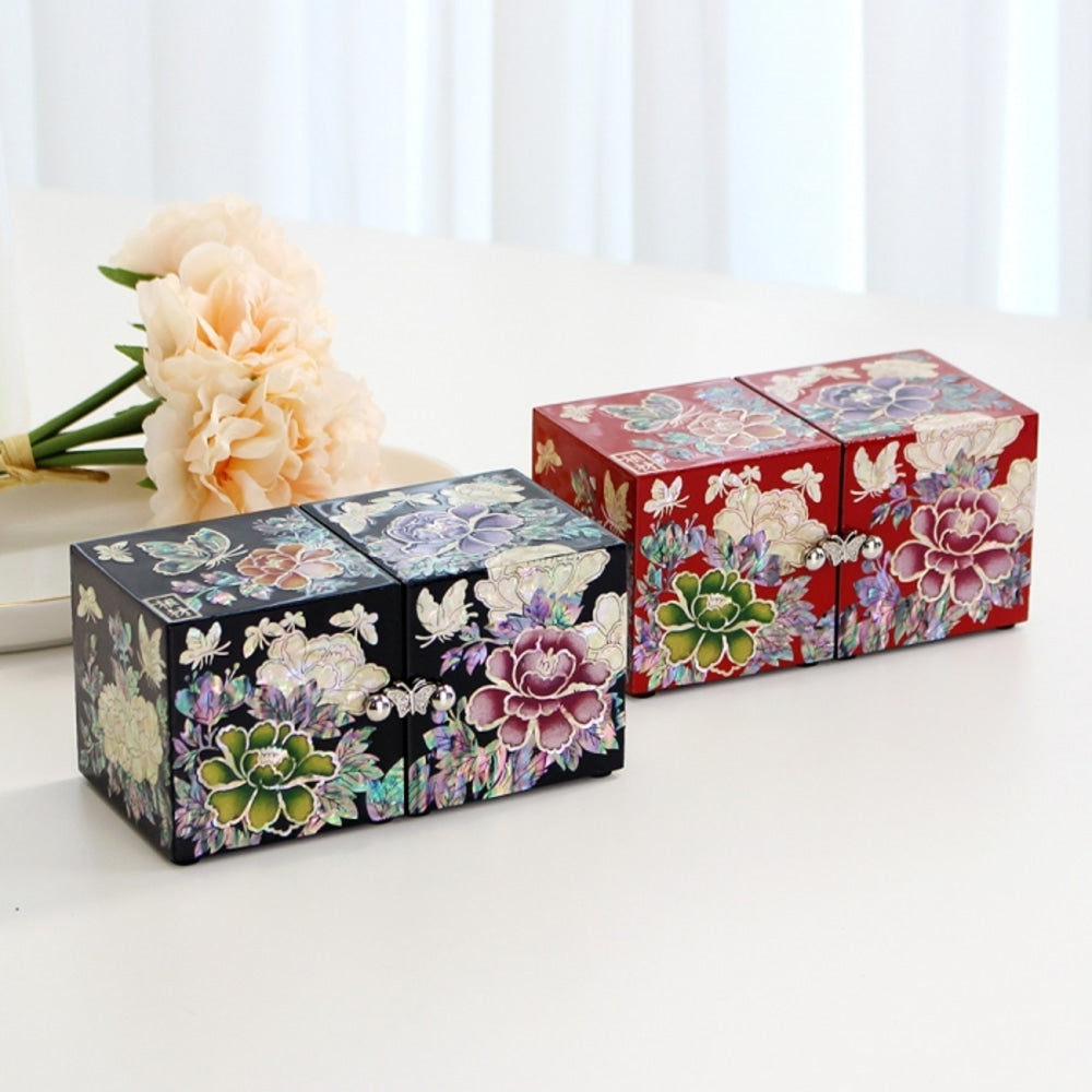 Masterpiece Najeonchilgi Mini Double-Lidded Small (Peony) Secret Mother of Pearl Jewelry Box (Master Artisan Kim Young-man)