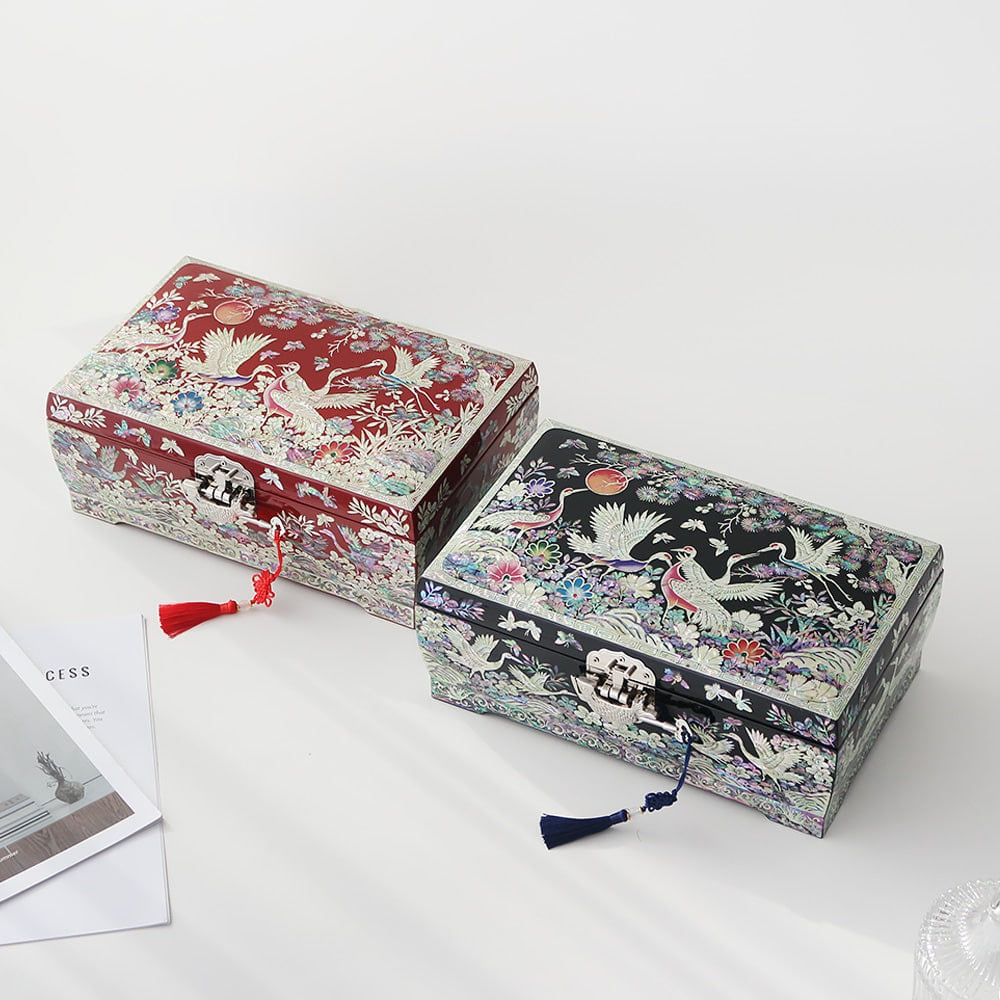 Masterpiece Najeon Large 2-Tier Flower Pine & Crane Jewelry Box, 30 cm (Master Artisan Jang Tae-bok)