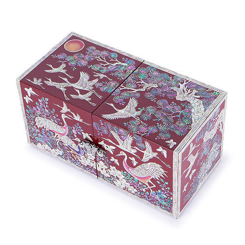 Crane & Pine Double Lidded Mother of Pearl Jewelry Box (Red, Large)