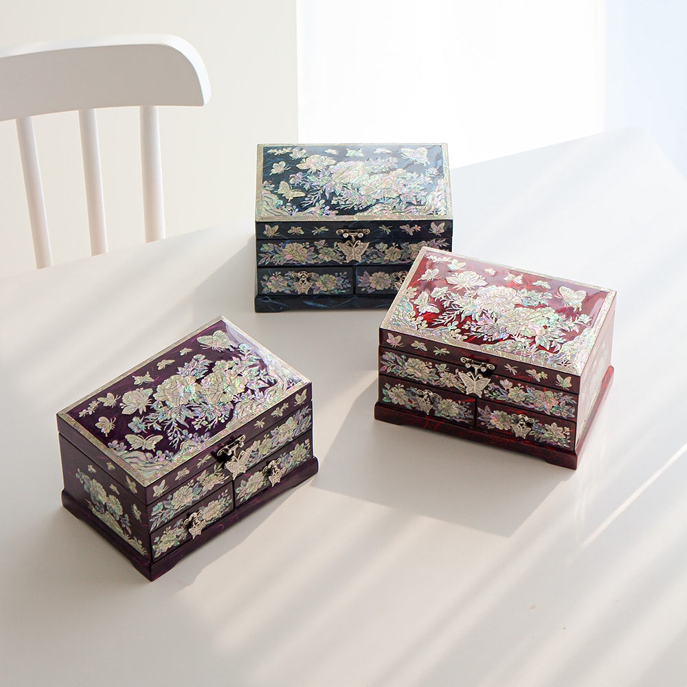 Najeonchilgi 1-Tier Hanji (Peony)2-Drawer Mother of Pearl Jewelry Box