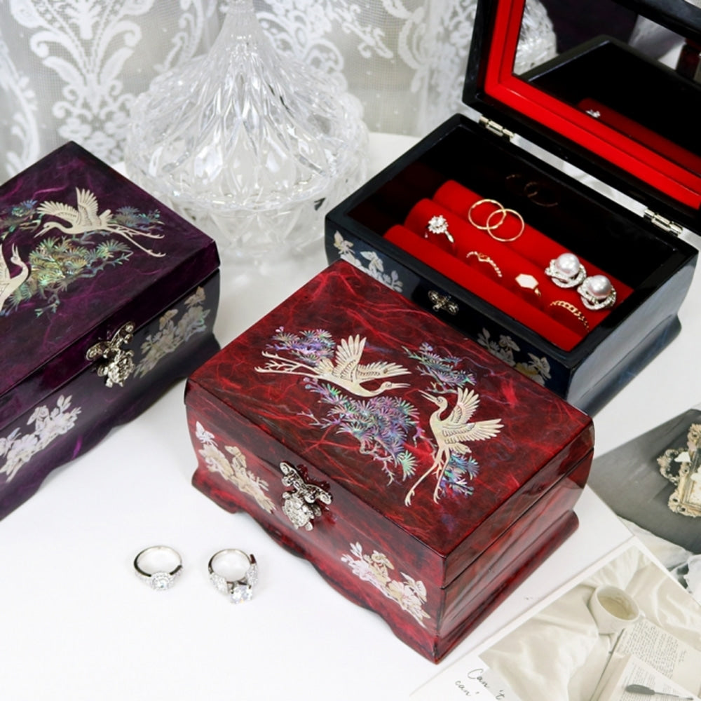 Hanji Rounded Pine & Crane Mother of Pearl Jewelry Box Keepsake Ring Box, 15 cm