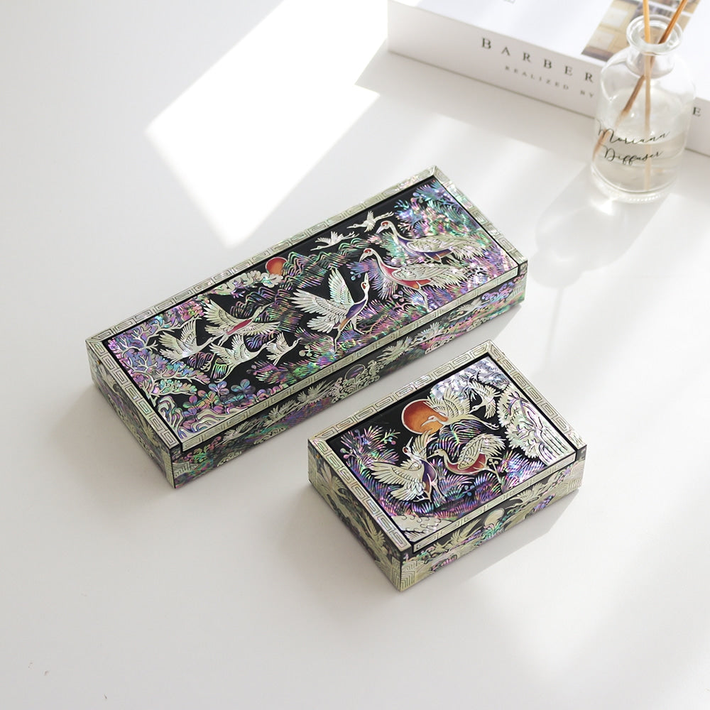 2-Piece Set: Premium Najeon Auto-Open Pine & Crane Pen Case Business Card Case (Master Artisan Jang Tae-bok)