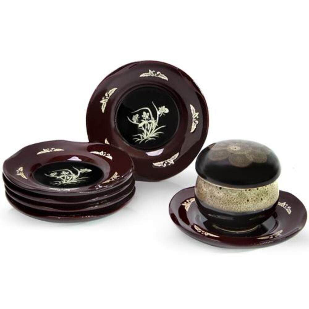 6-Piece Set: Najeonchilgi Arabesque Four Gentlemen Tea Coaster Set Mother of Pearl Coaster Traditional Coaster (Master Artisan Lee Won-geun)