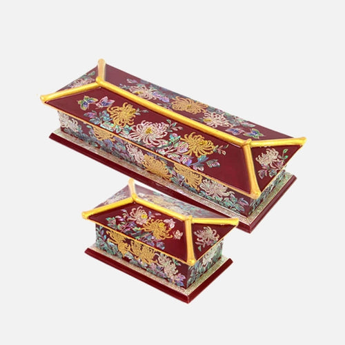 2-Piece Set: Masterpiece Najeon Gold-Trimmed Chrysanthemum Roof-Tile Pen Case Red Business Card Case (Master Artisan Kim Yong-gwan)