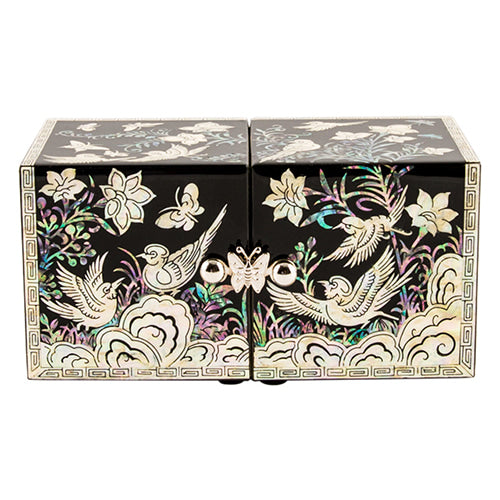 Flowers & Birds Cloud Pattern Border Double Lidded Mother of Pearl Jewelry Box (Small, Glossy, Oh Myung-ho)
