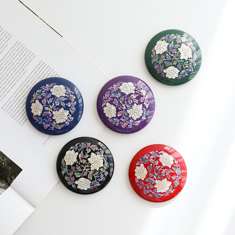 Najeonchilgi Round Vivid Mother of Pearl Hand Mirror (Peony)