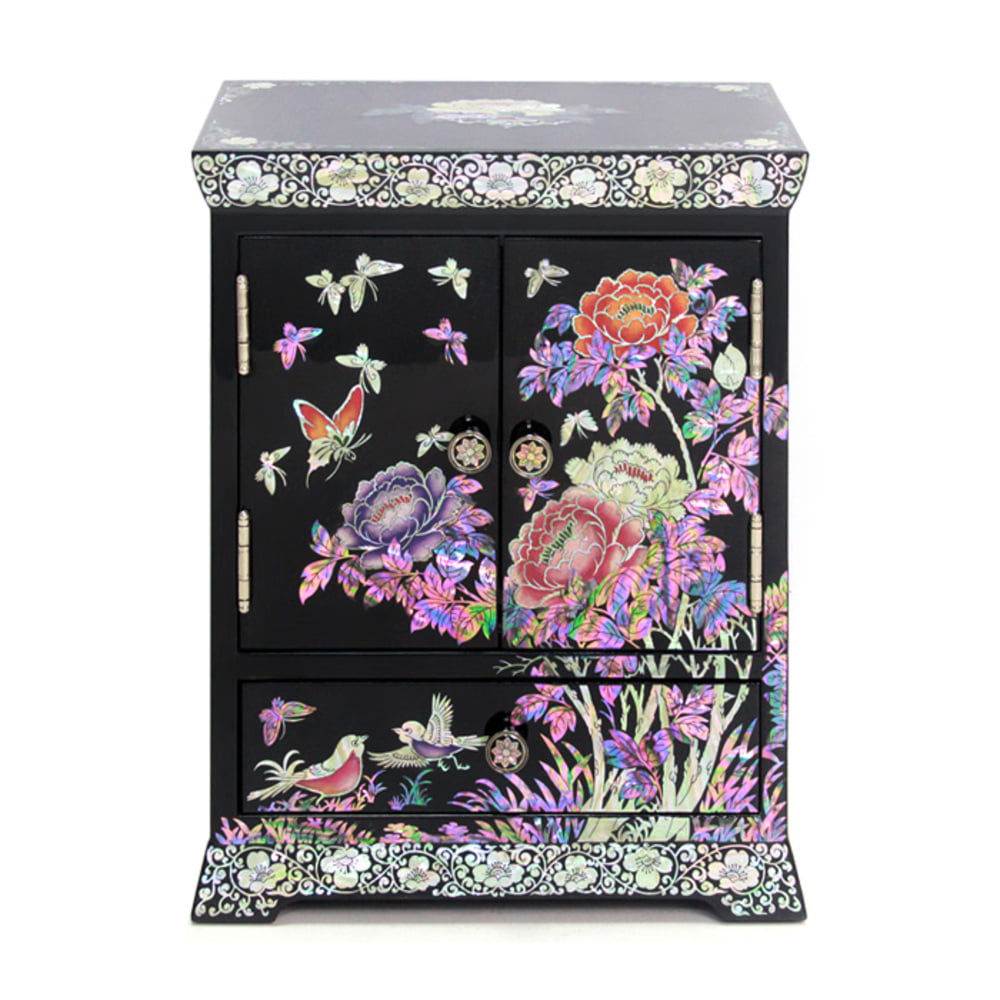 Najeonchilgi Peony Painted Drawer Mother of Pearl Jewelry Box (Medium) Black Jewelry Box (Master Artisan Jang Tae-bok)
