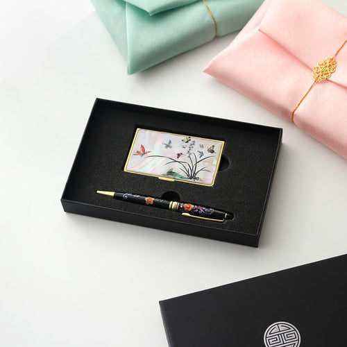 2-Piece Set: Gold Mother of Pearl Business Card Case N Painted Plum Blossom Full Pen