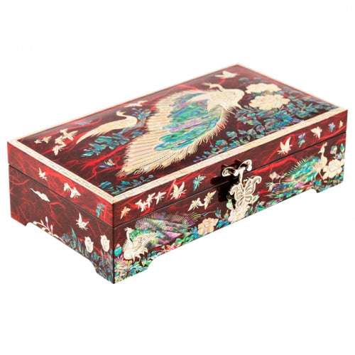 Hanji Peacock 1-Tier LeftJewelry Box (Red) - Oh Myung-ho