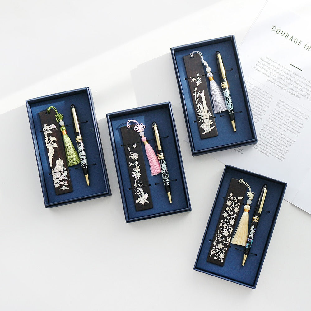 Wood Bookmark Mother of Pearl Pen 2 Bell Set
