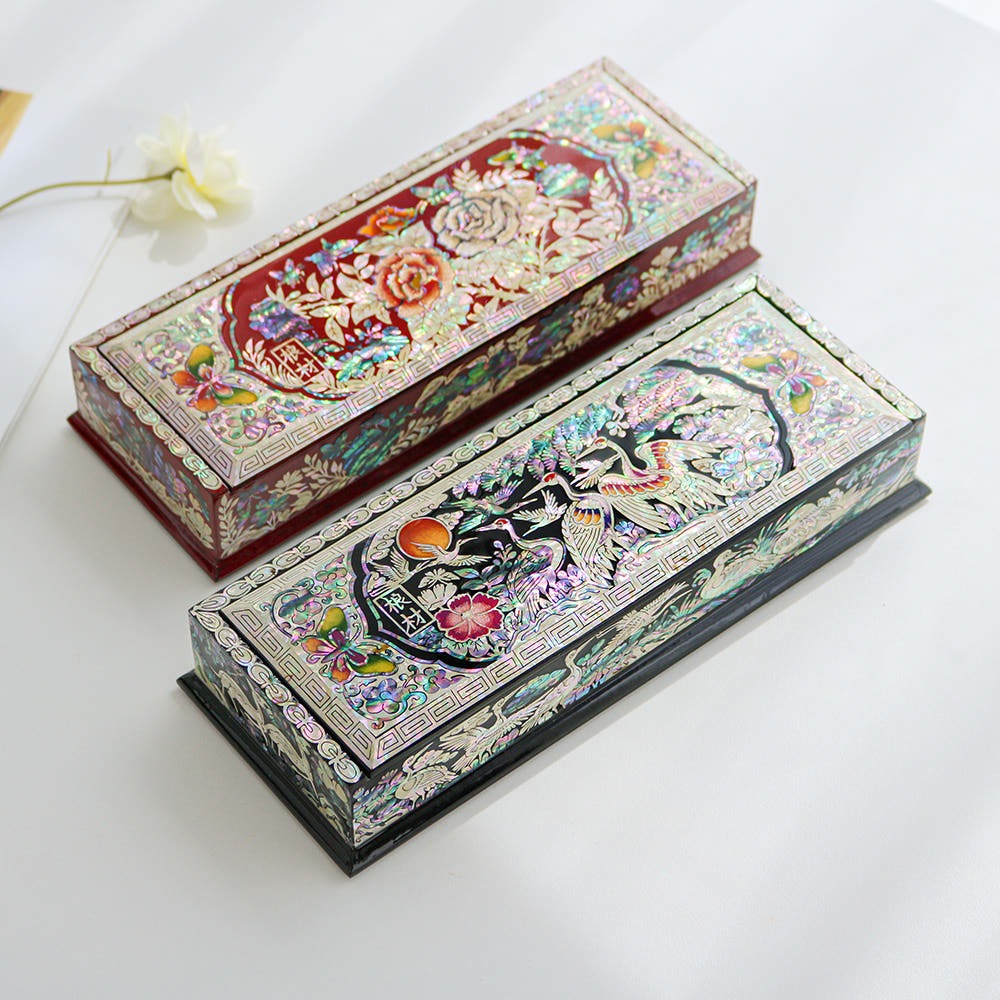Korean Red Najeonchilgi Pine & Crane Peony Mother of Pearl Pen Case Traditional