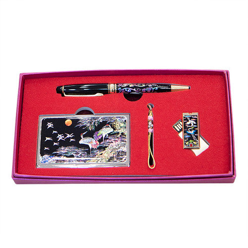 Mother of Pearl Business Card Case, Ballpoint Pen & 16GB USB Set, Pine & Crane