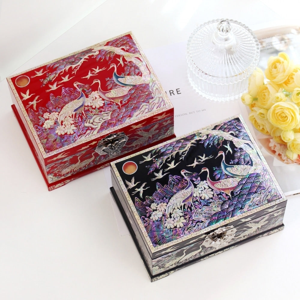 Najeonchilgi Painted Pine & Crane Mother of Pearl Jewelry Box, 18 cm