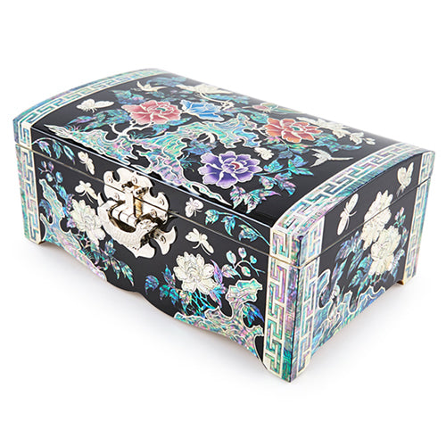 Peony Straight Rounded Mother of Pearl Jewelry Box (No. 8, Black)
