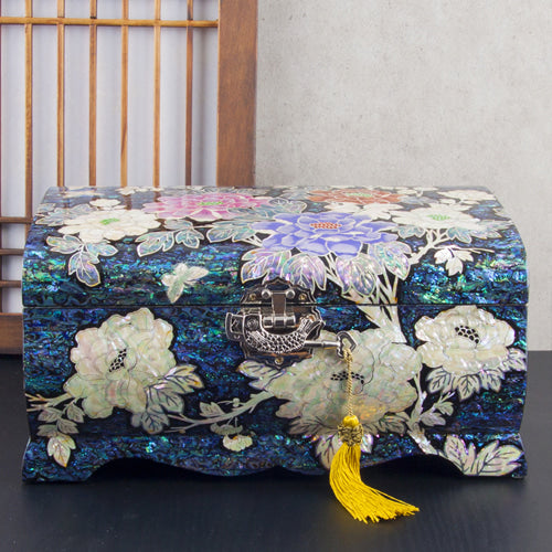 Peony Flower Blue Mother of Pearl Panel 2-Tier Jewelry Box (Large) - by Park In-ho