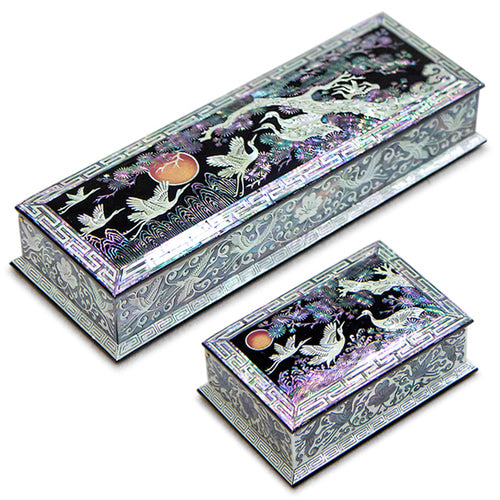 Mother of Pearl Business Card Holder & Pen Holder Set — Sipjangsaeng (Ten Symbols of Longevity) with Cloud Border - OF0232