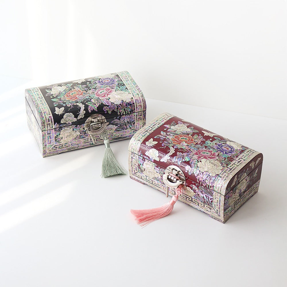Najeonchilgi Painted Peony of Wealth Rounded Mother of Pearl Jewelry Box, 24 cm