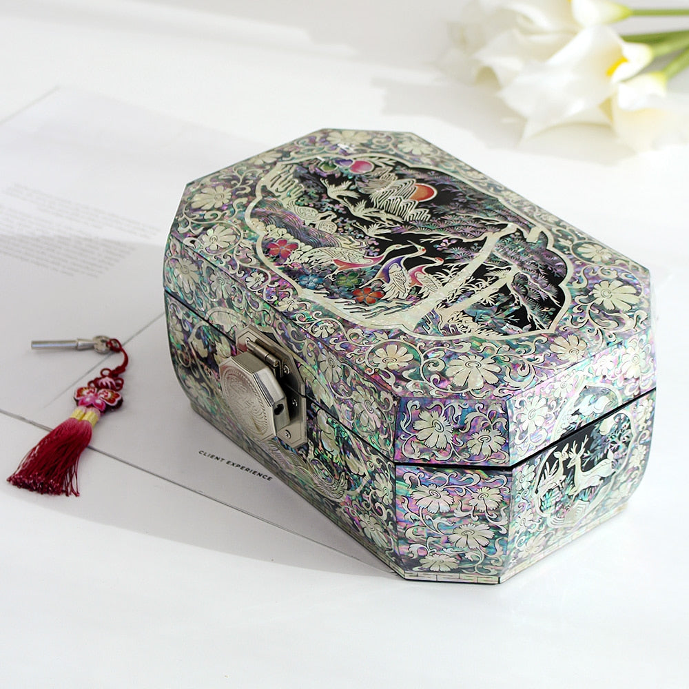 Octagonal Ten Symbols of Longevity Rounded Mother of Pearl Jewelry Box Interior Ottchil Lacquer Black Jewelry Box Yedan Wedding Gift Box, 24 cm (Master Artisan Jang Tae-bok)