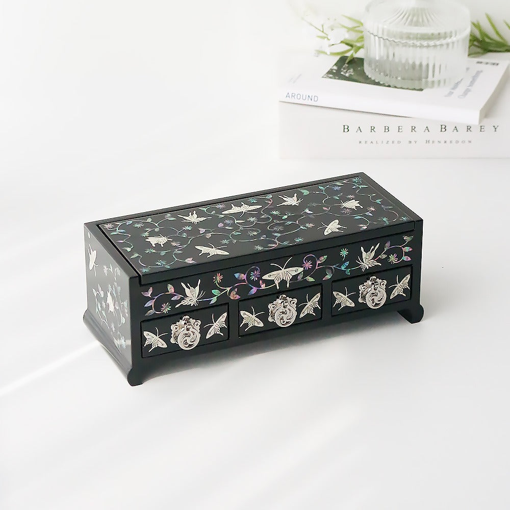 Najeonchilgi Arabesque Butterfly 3-Tier Drawer Mother of Pearl Jewelry Box, 23 cm