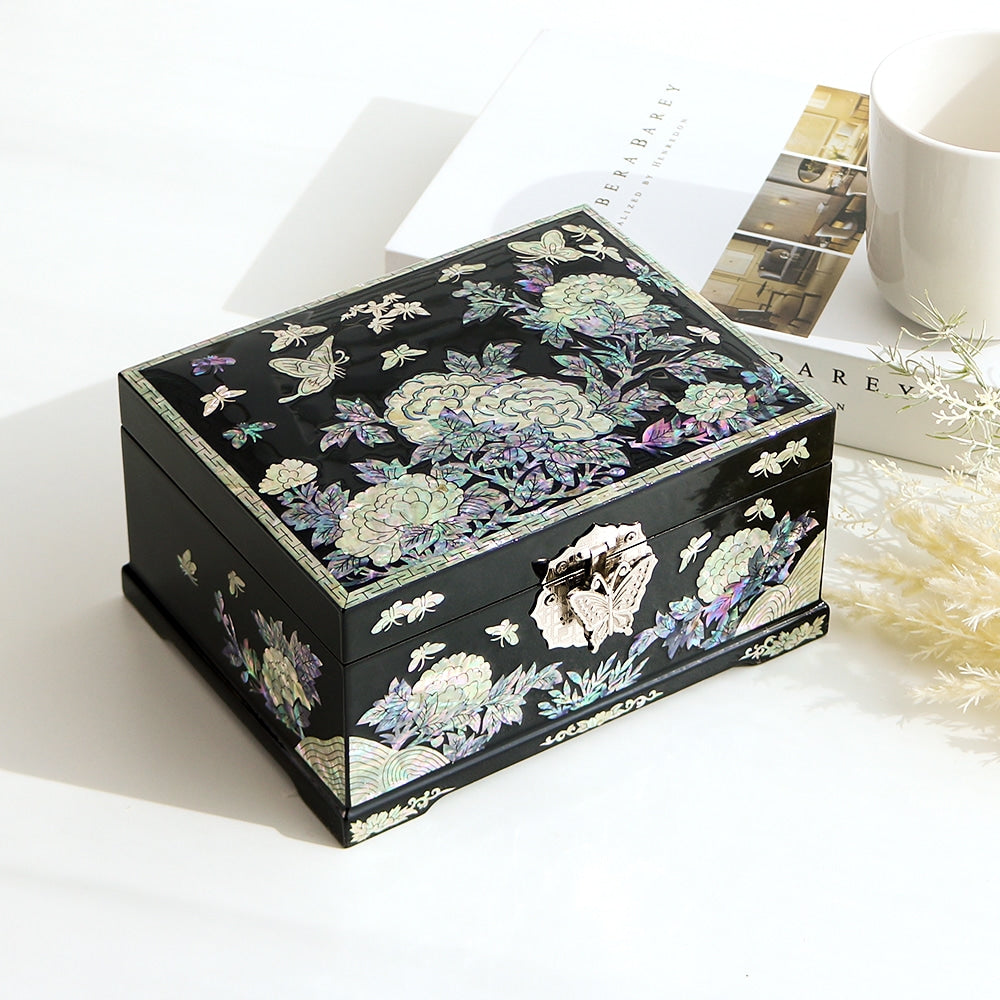 Najeonchilgi Peony Flower 2-Tier Mother of Pearl Jewelry Box Black, 18 cm