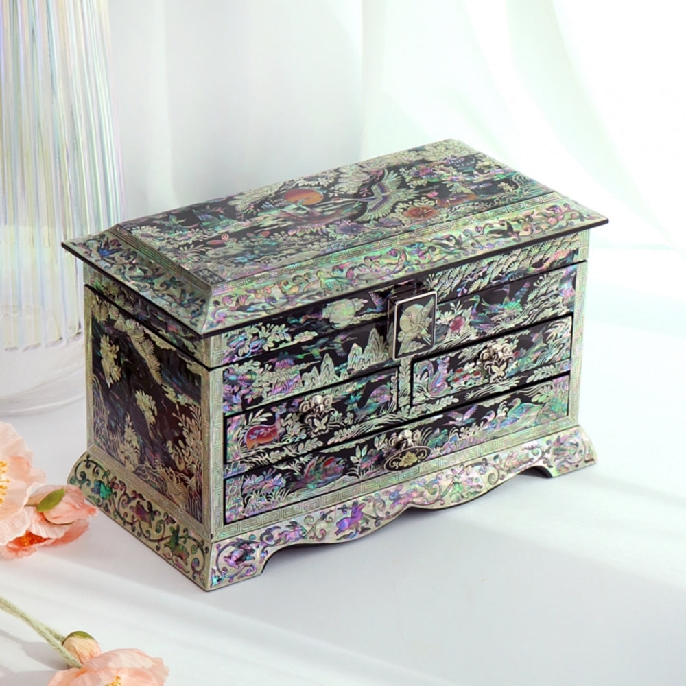 Najeonchilgi Pine & Crane Roof-Tile 3-Drawer Mother of Pearl Jewelry Box (Master Artisan Kim Young-man)