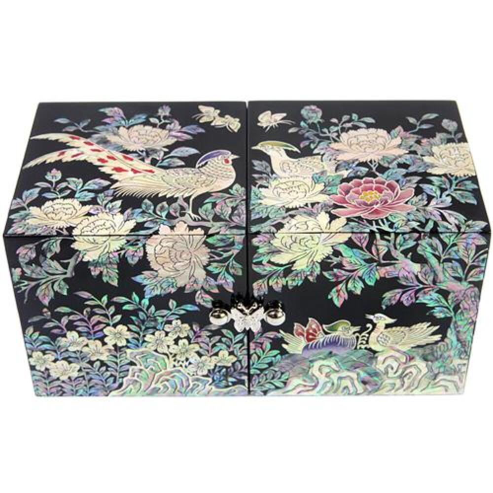 Premium Najeonchilgi Double-Lidded Large (Golden Pheasant Peony Black) Secret Mother of Pearl Jewelry Box