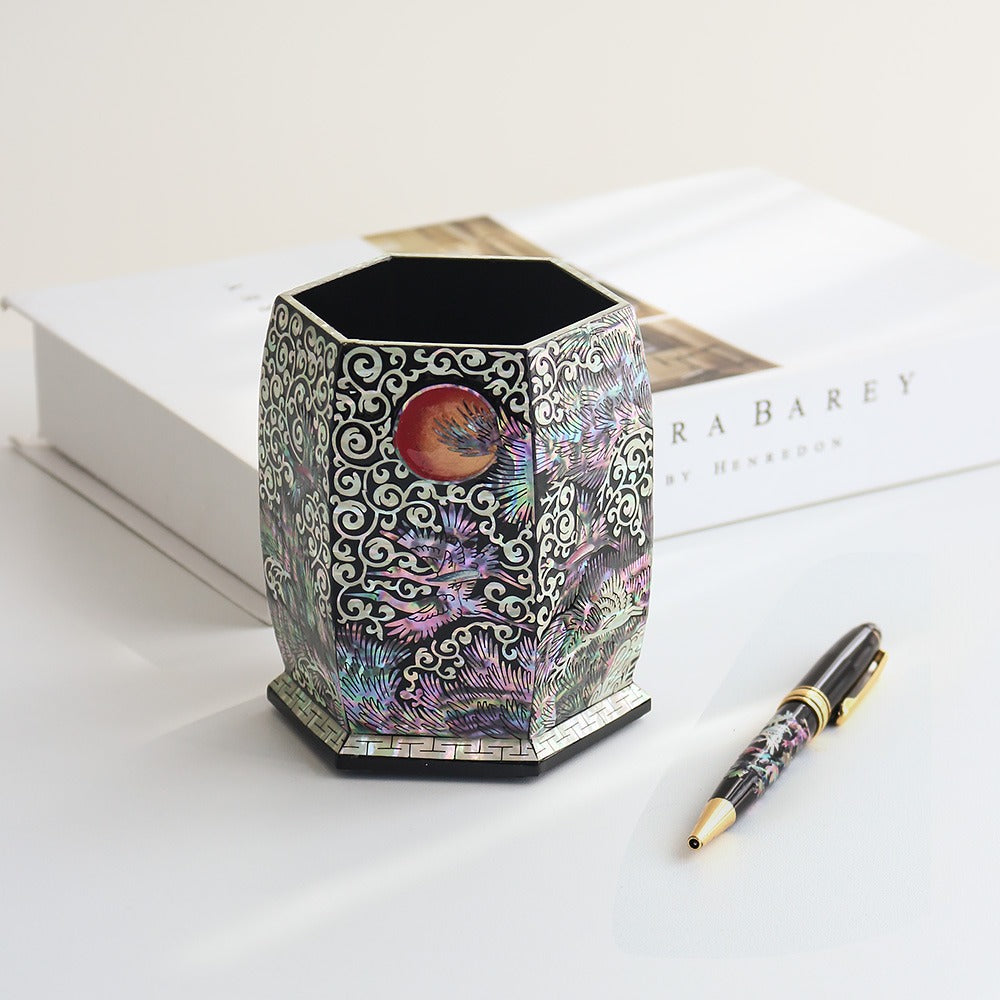 Premium Najeonchilgi Hexagonal Pine & Crane Black Pen Holder Pencil Holder (Master Artisan Jang Tae-bok)