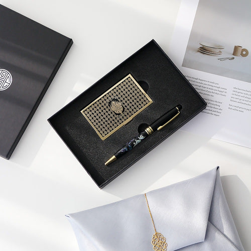 2-Piece Set: Metal Business Card Case Mother of Pearl Pen Set